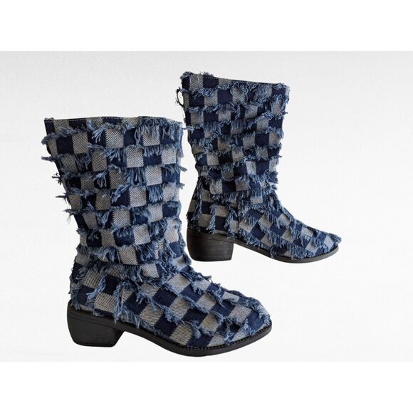 Women's plaid raw trim pattern denim fringe mid calf boots  Sz 36 - Picture 1 of 7